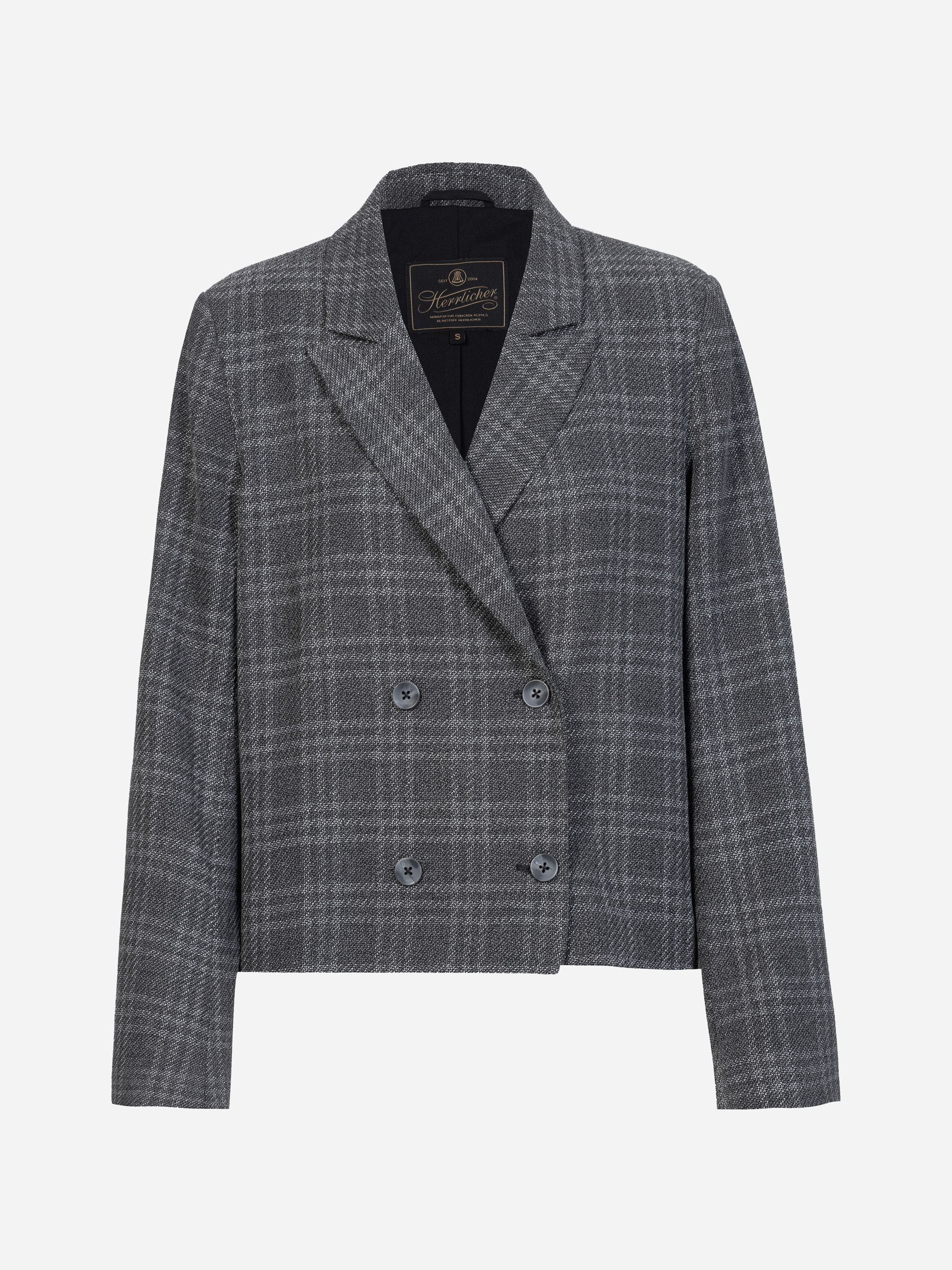 Ein grau karierter Zweireiher mit gekerbtem Reverskragen und zwei Knopfreihen auf weißem Grund.