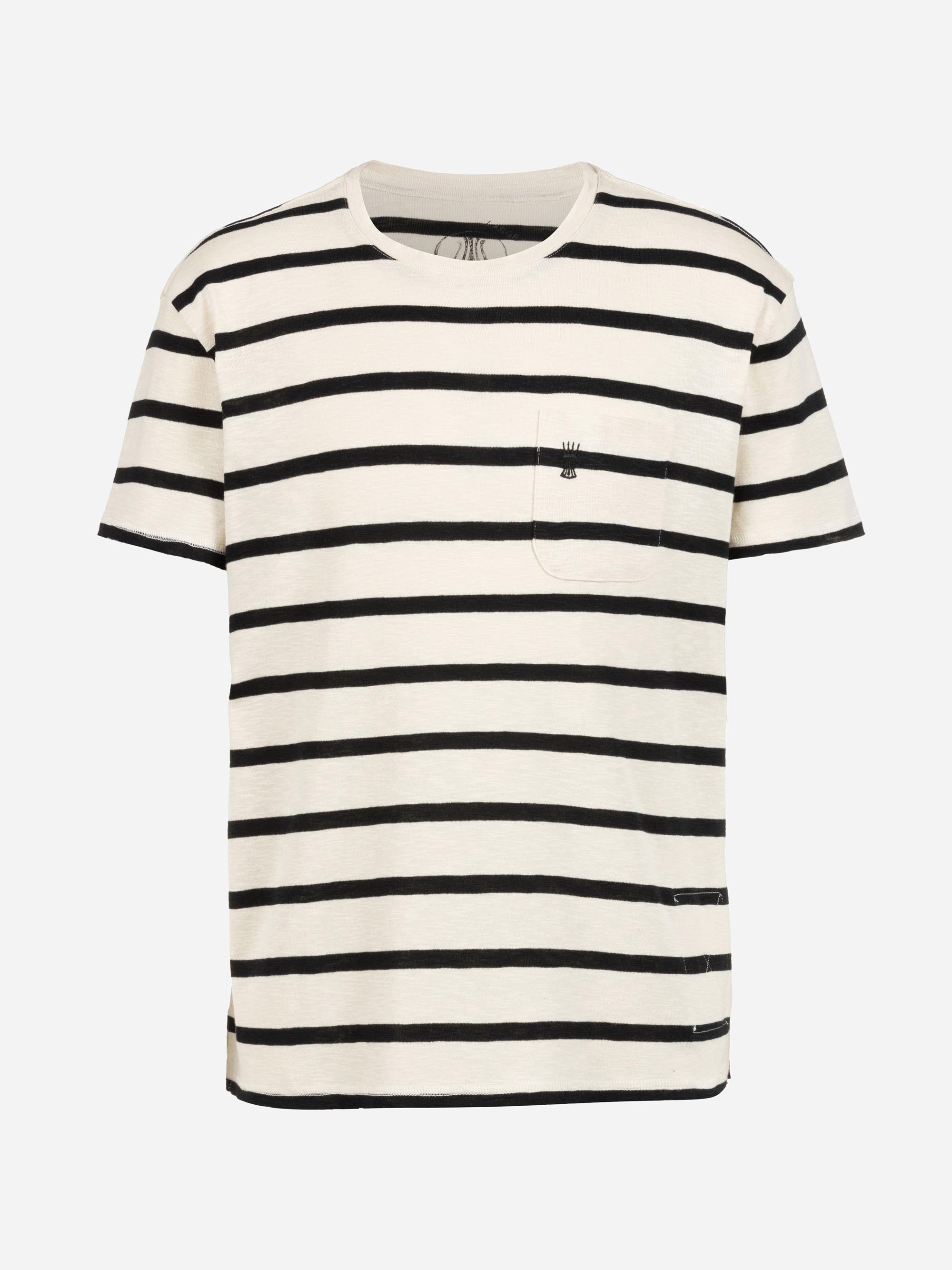 Weißes, kurzärmeliges T-Shirt mit schwarzen Querstreifen, Rundhalsausschnitt und einer Brusttasche auf der linken Seite mit kleiner Stickerei.