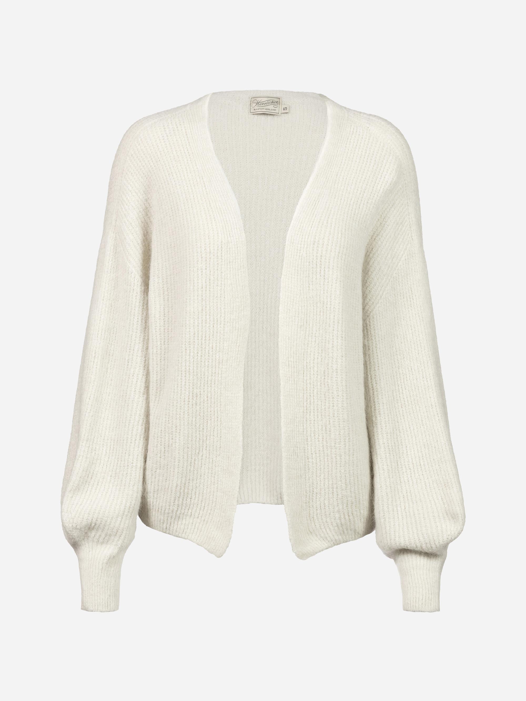 Cremefarbene Strickjacke aus Rippenstrick mit langen Ballonärmeln, offener Vorderseite und lockerer Passform auf weißem Hintergrund.