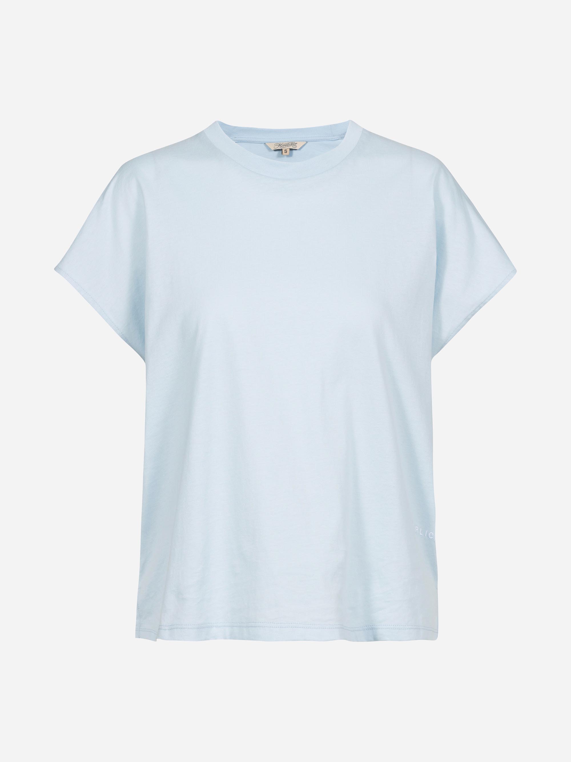 Einfarbiges hellblaues, kurzärmeliges T-Shirt mit Rundhalsausschnitt, auf weißem Hintergrund.