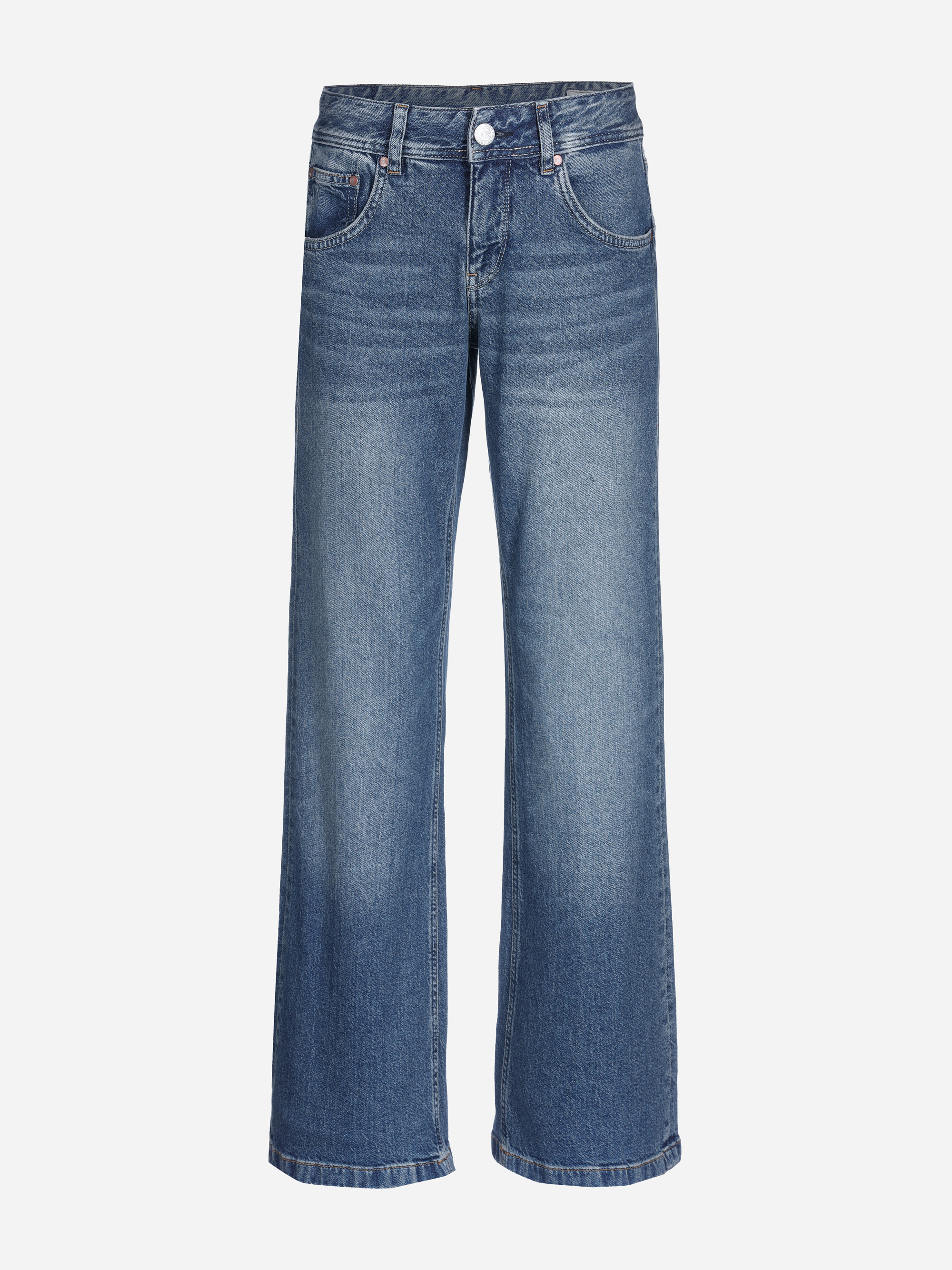 Blaue Denim-Jeans mit hoher Taille, weitem Bein, Knopf- und Reißverschluss vorne und klassischem Five-Pocket-Design.
