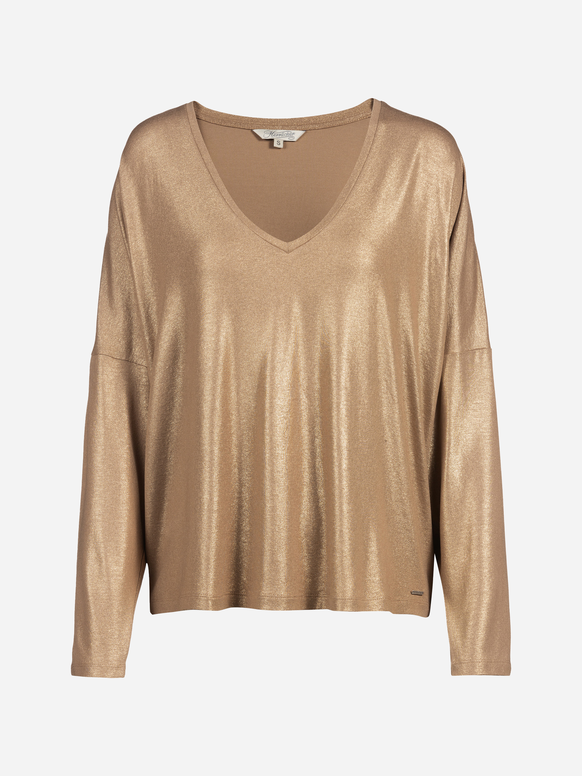 Ein langärmeliges, locker sitzendes Oberteil mit metallisch-goldenem V-Ausschnitt, das auf einem schlichten weißen Hintergrund abgebildet ist.
