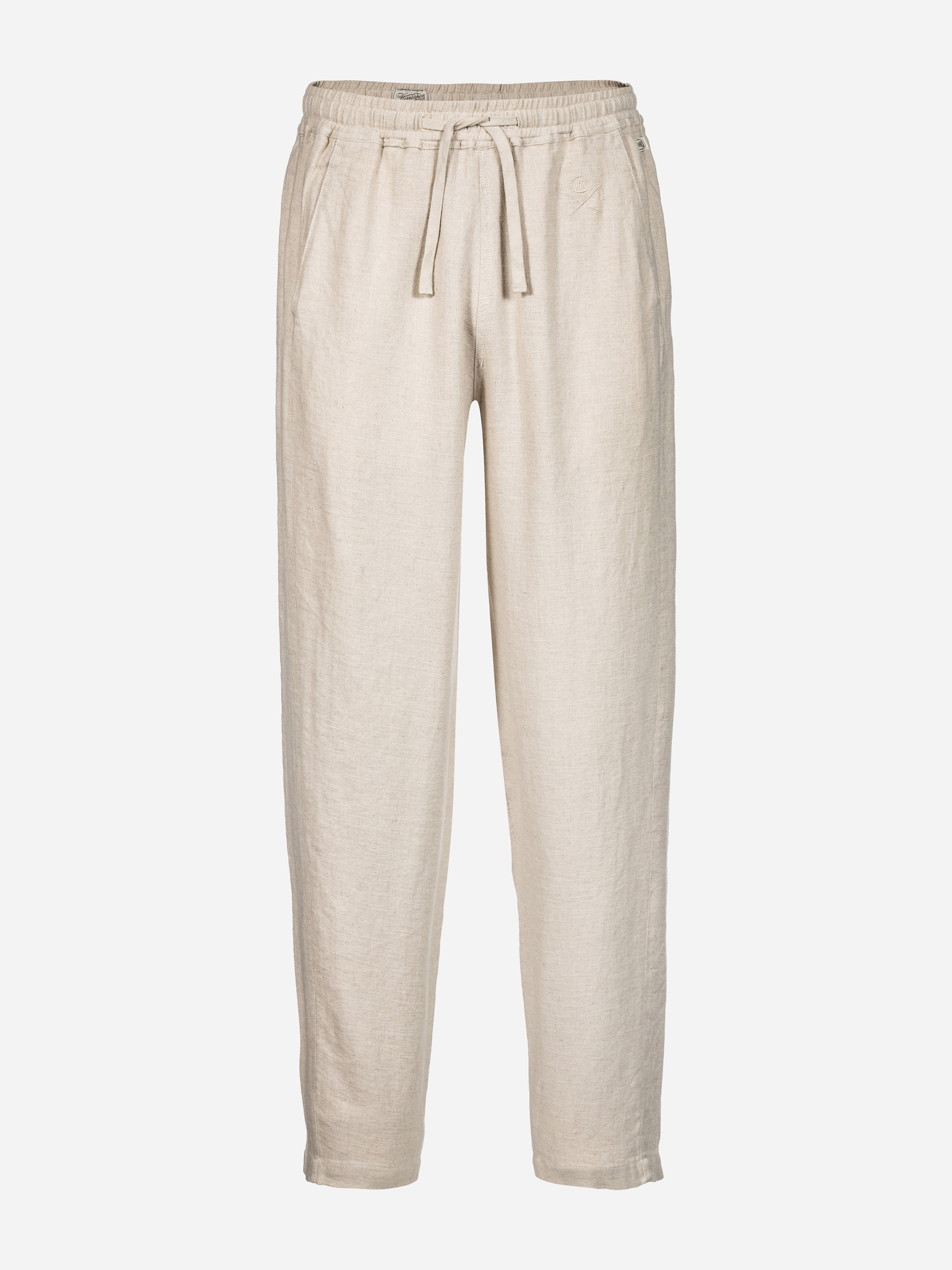 Beigefarbene Leinenhose mit elastischem Bund, Kordelzug und Seitentaschen auf einfarbig weißem Hintergrund.