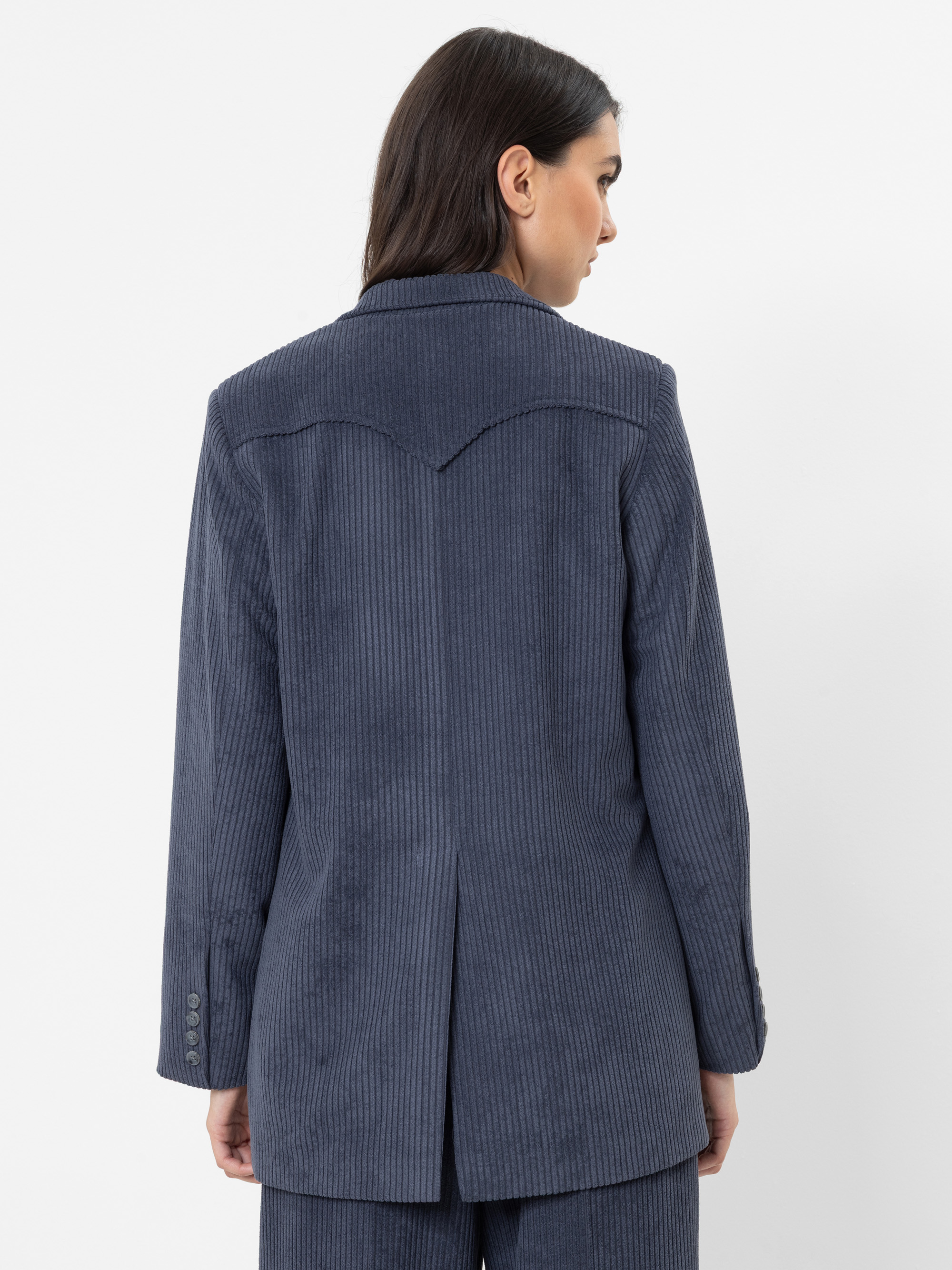 Eine Frau mit dunklem Haar, die einen blauen Nadelstreifenblazer und eine dazu passende Hose trägt, ist von hinten vor einem schlichten weißen Hintergrund zu sehen.