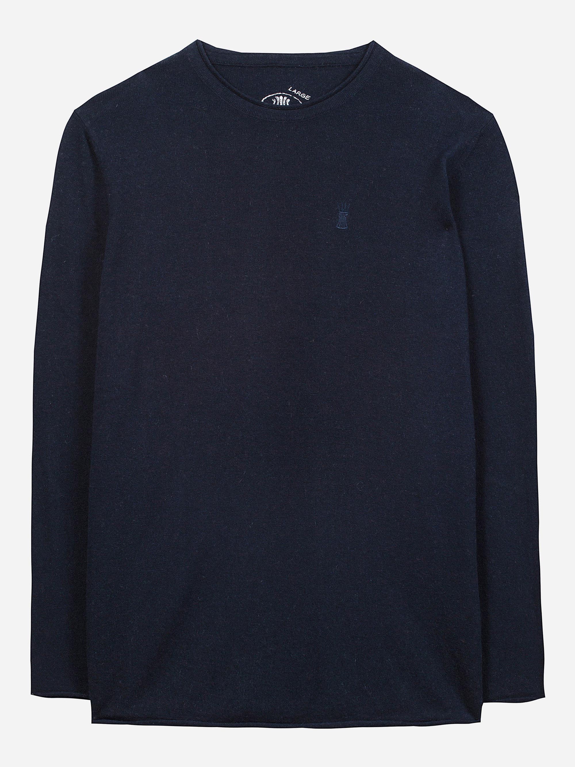 Ein einfarbiges, langärmeliges, marineblaues T-Shirt mit Rundhalsausschnitt, das flach auf einem weißen Hintergrund liegt.