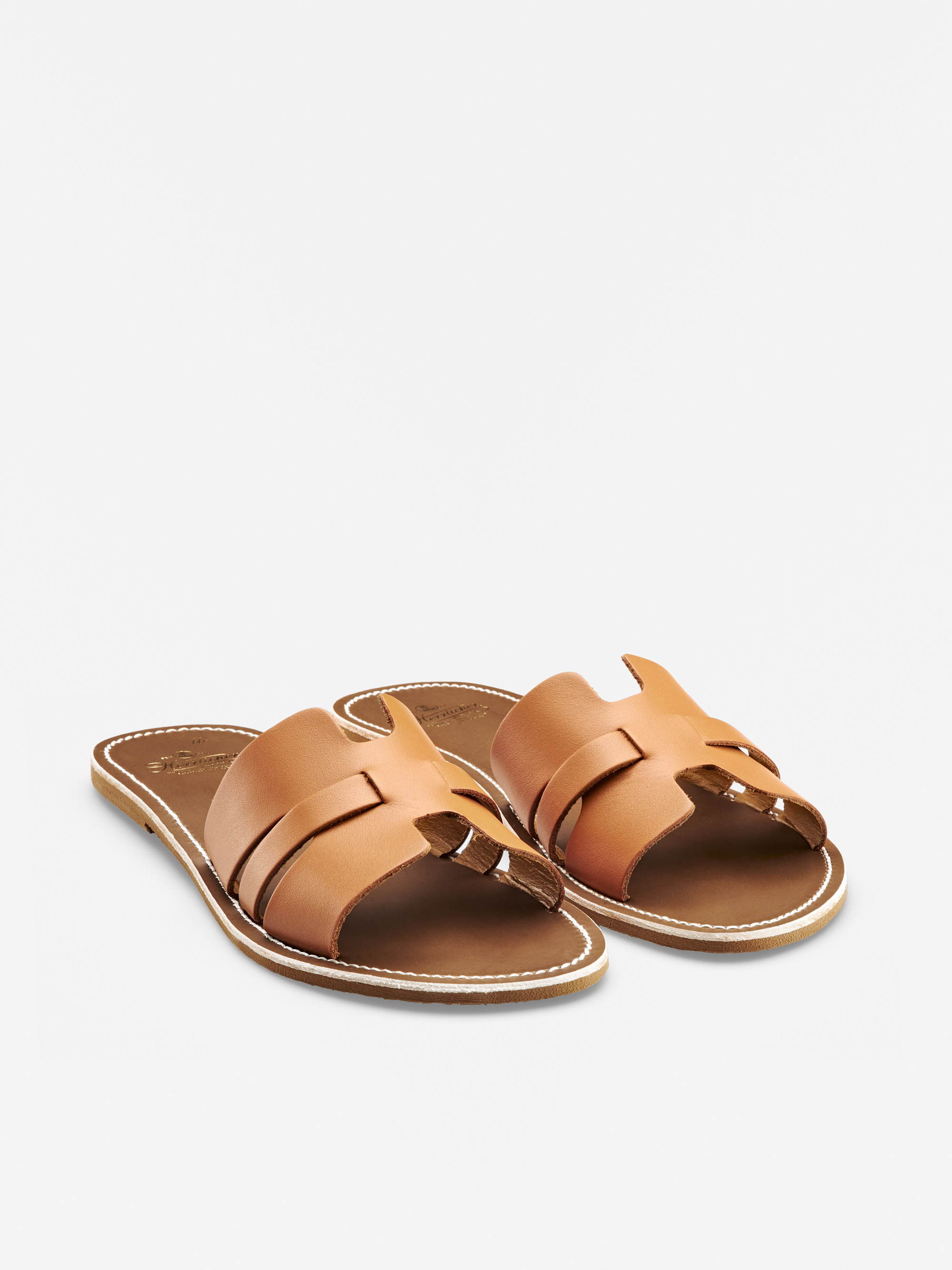Ein Paar flache, hellbraune Ledersandalen mit breiten, überlappenden Riemen und weißen Nähten an den Sohlen, die auf einem schlichten weißen Hintergrund abgebildet sind.