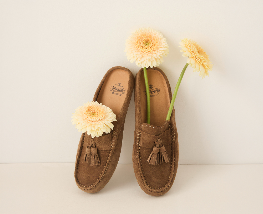 Zwei braune Wildlederschuhe mit Quasten stehen aufrecht vor einem weißen Hintergrund und halten jeweils ein hellgelbes Gerbera-Gänseblümchen, wobei die Blüten aus dem Inneren der Schuhe herausragen.