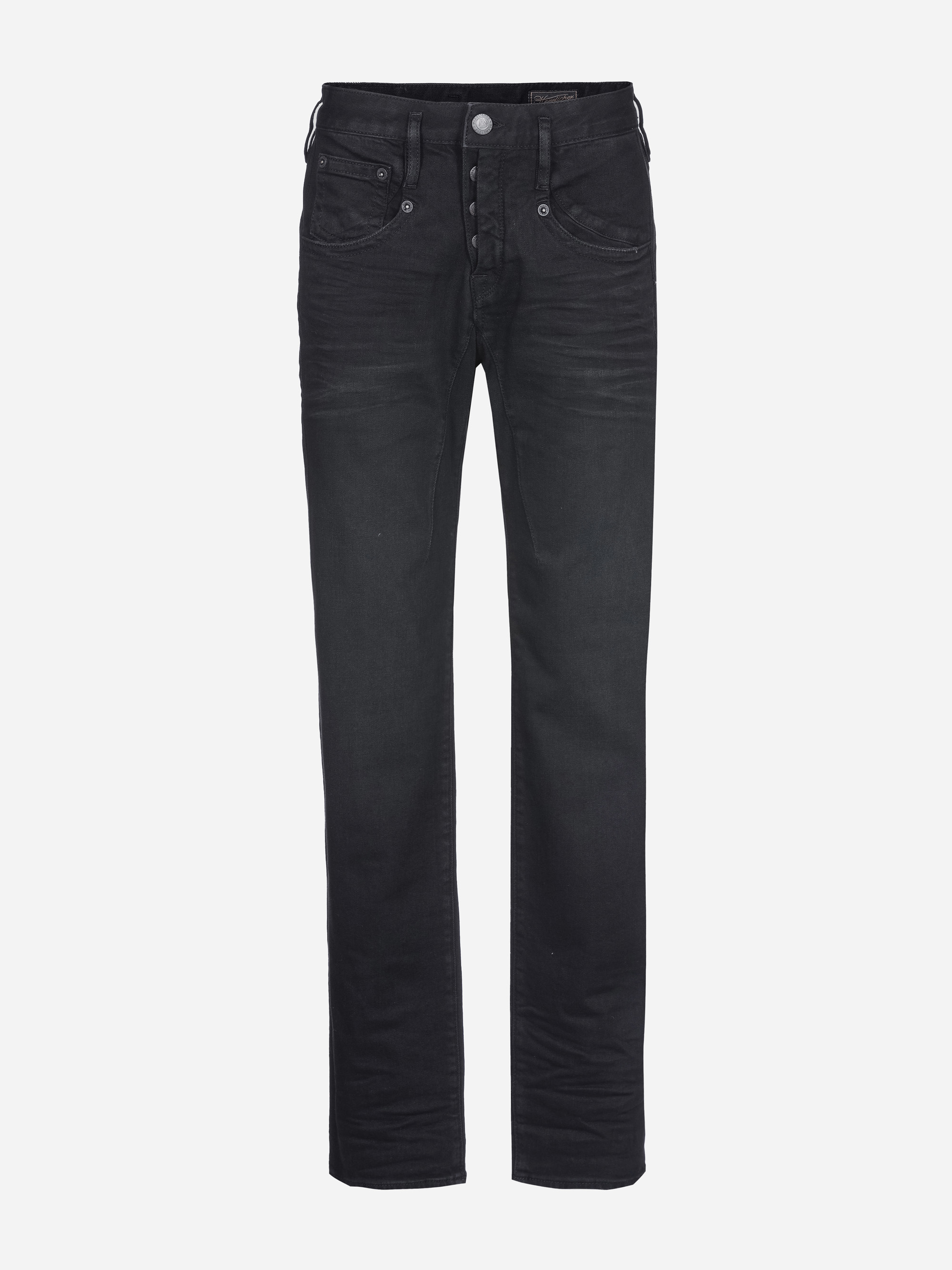 Eine schwarze Denim-Jeans mit klassischem Five-Pocket-Design, sichtbaren Gürtelschlaufen und Knopfleiste auf weißem Hintergrund.