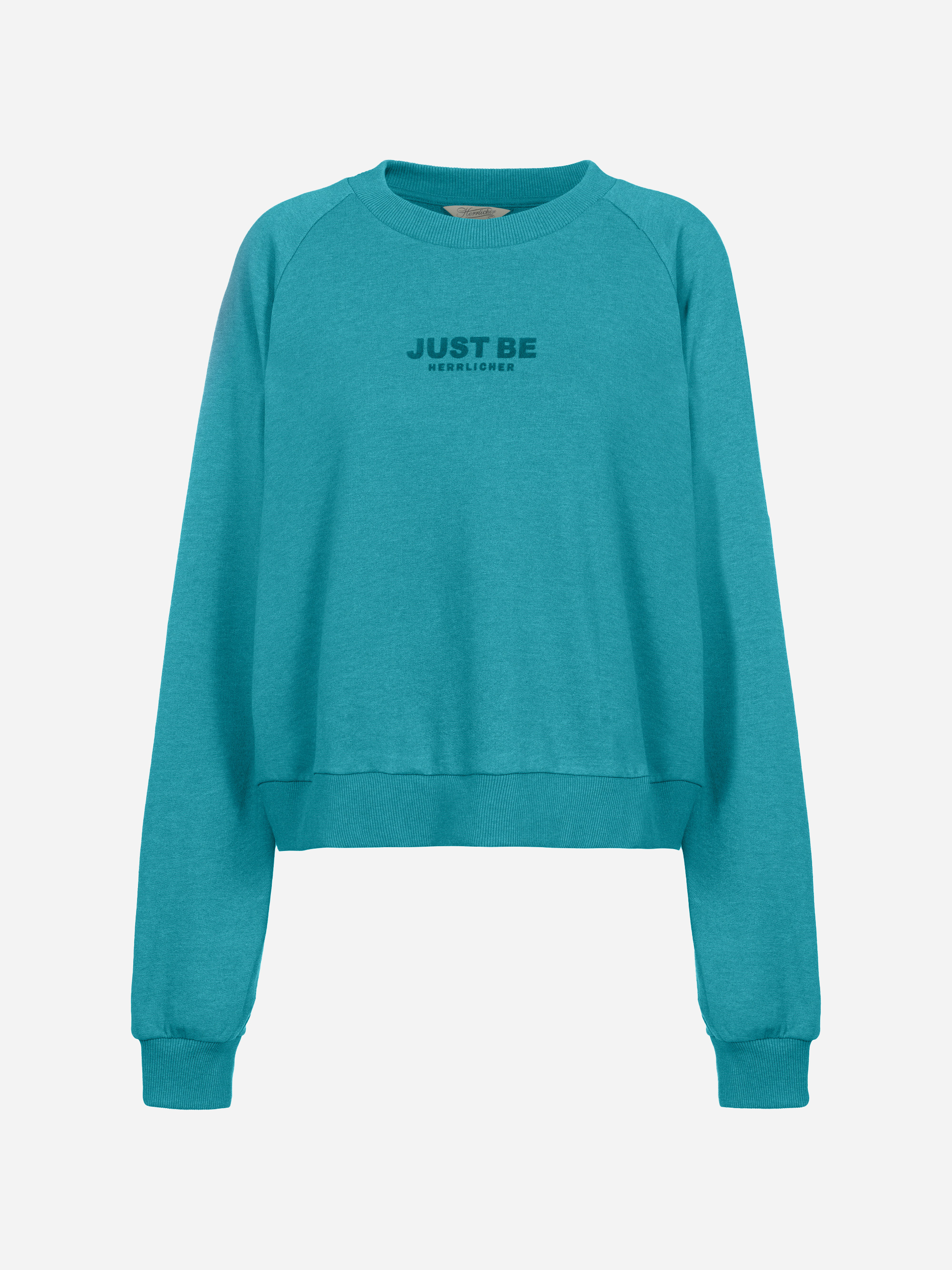 Tealfarbenes langärmeliges Sweatshirt mit Rundhalsausschnitt und gerippten Bündchen und Saum. Auf der Vorderseite steht in fetten schwarzen Buchstaben JUST BE, darunter der kleinere Text MENTALHEALTH. Das Sweatshirt ist auf einem einfarbigen Hintergrund