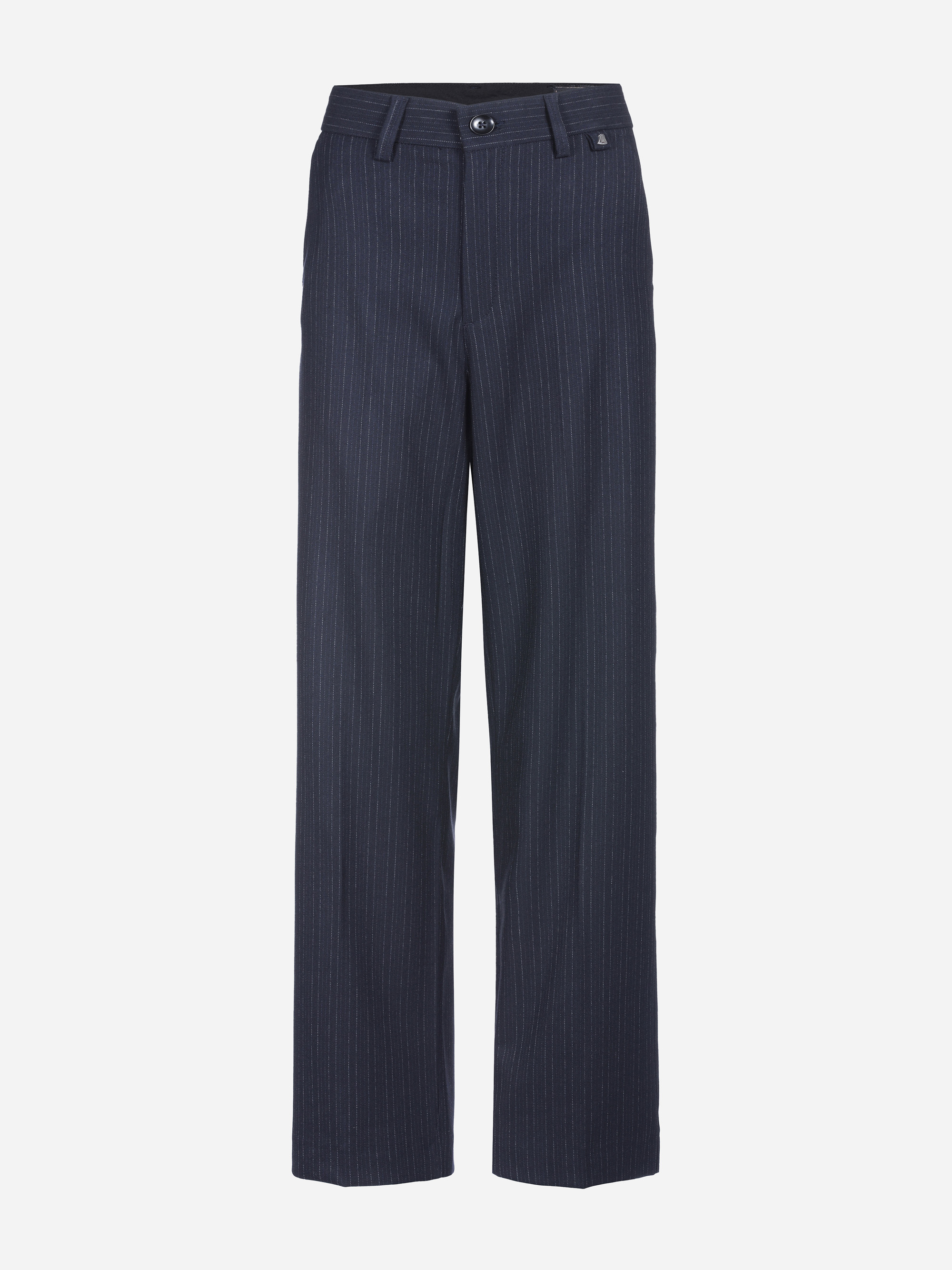 Marineblaue Nadelstreifen-Hose mit geradem Bein, Knopf- und Reißverschluss vorne, Gürtelschlaufen und dezenten vertikalen weißen Streifen auf einfarbigem Grund.