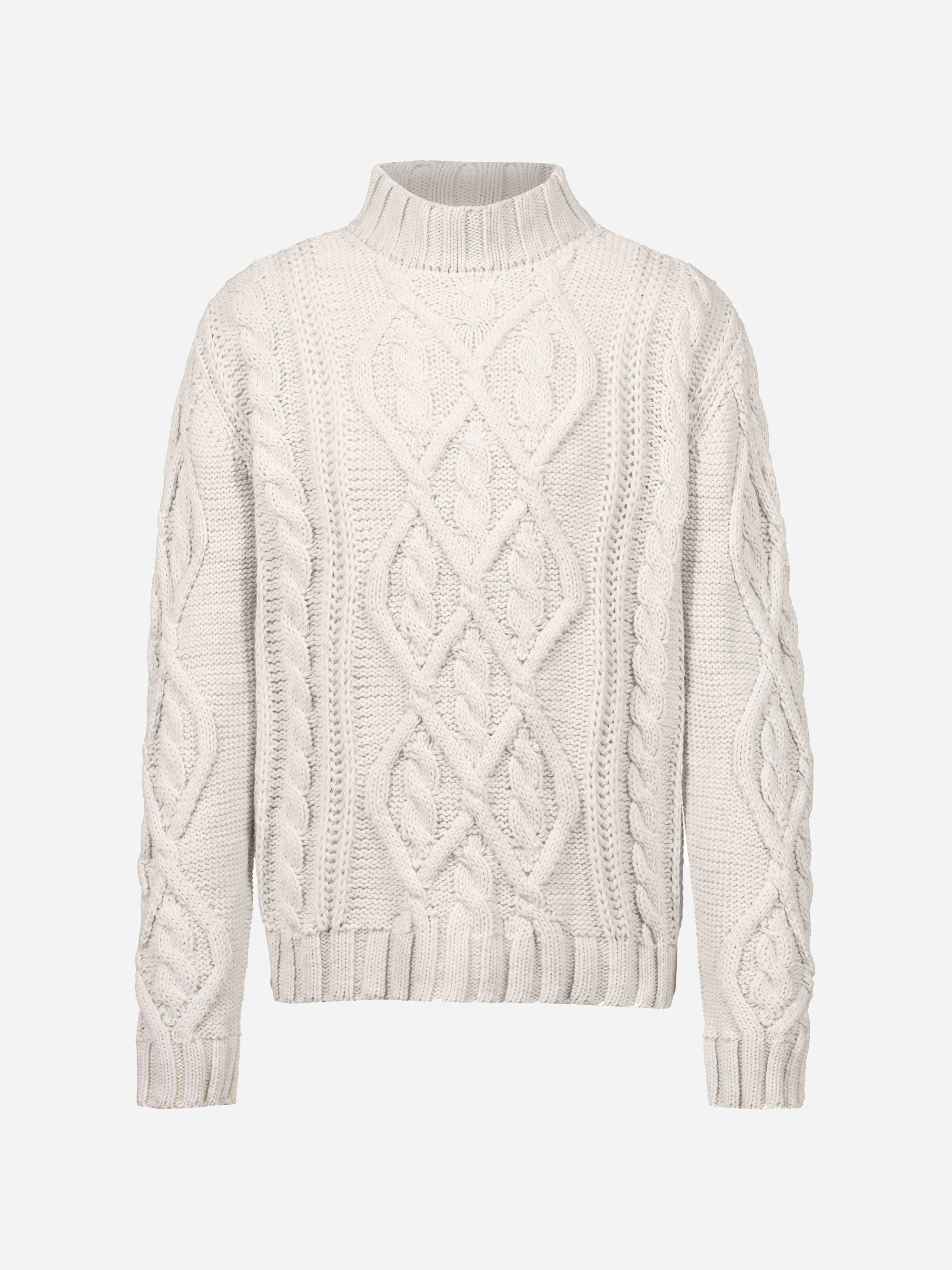 Cremefarbener Pullover aus Zopfstrick mit hohem Rippenausschnitt, langen Ärmeln und strukturierten Rauten- und Zopfmustern auf der Vorderseite und den Ärmeln.