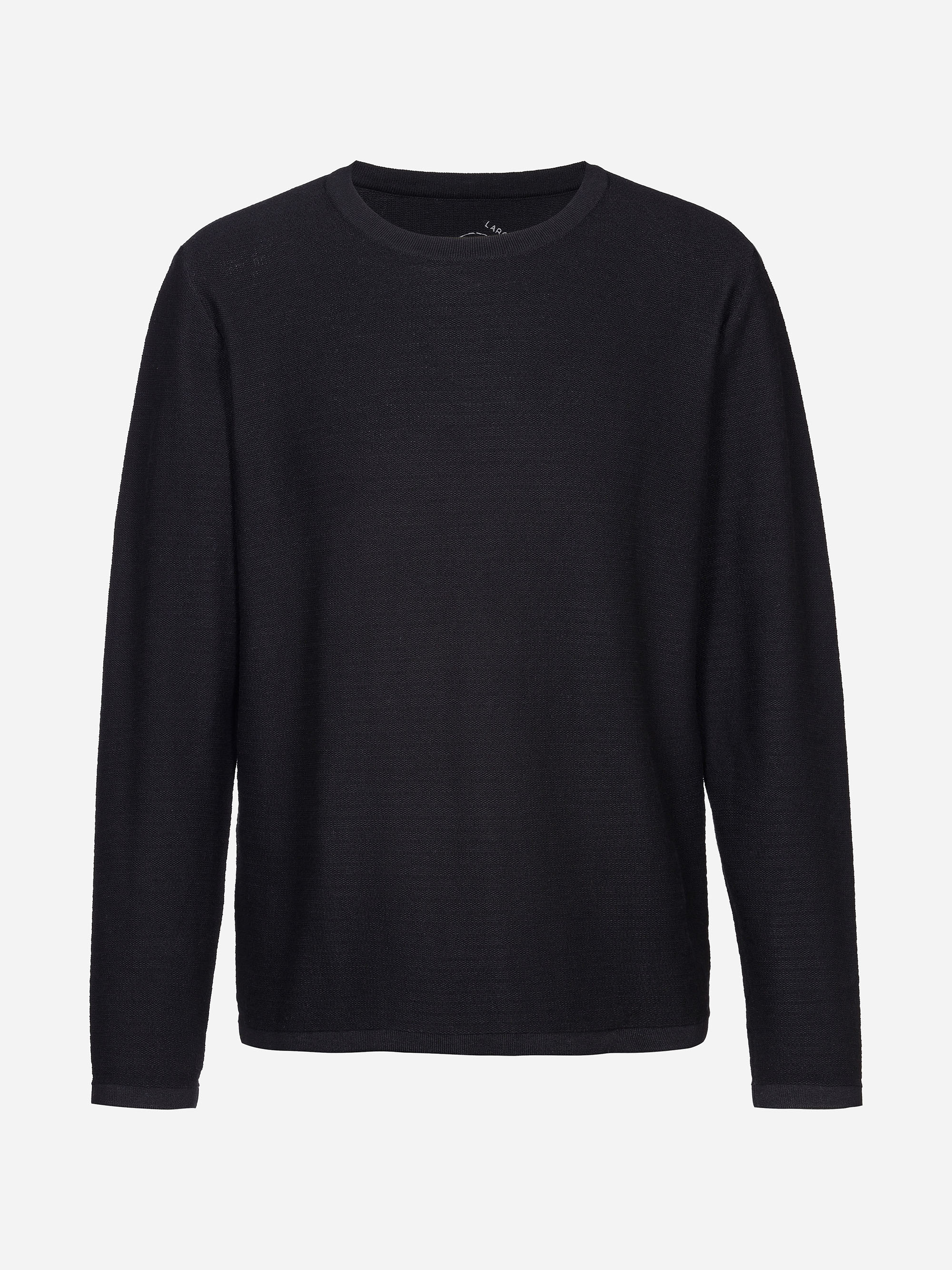 Ein schlichter schwarzer langärmeliger Pullover mit Rundhalsausschnitt auf weißem Hintergrund.