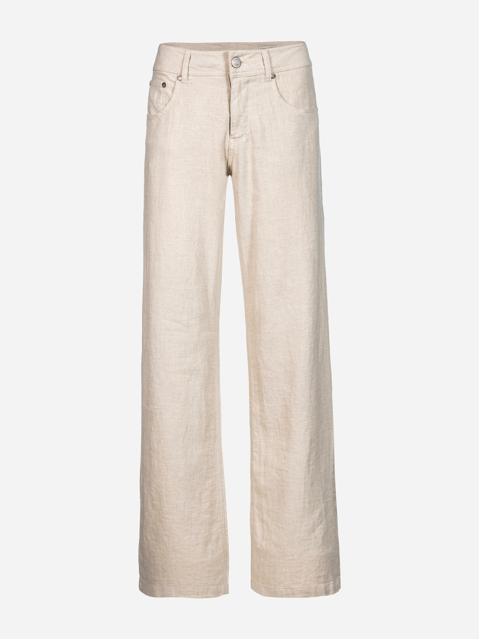 Beigefarbene Leinenhose mit weitem Bein, Knopf- und Reißverschluss, Gürtelschlaufen und Taschen auf der Vorderseite, auf weißem Hintergrund.
