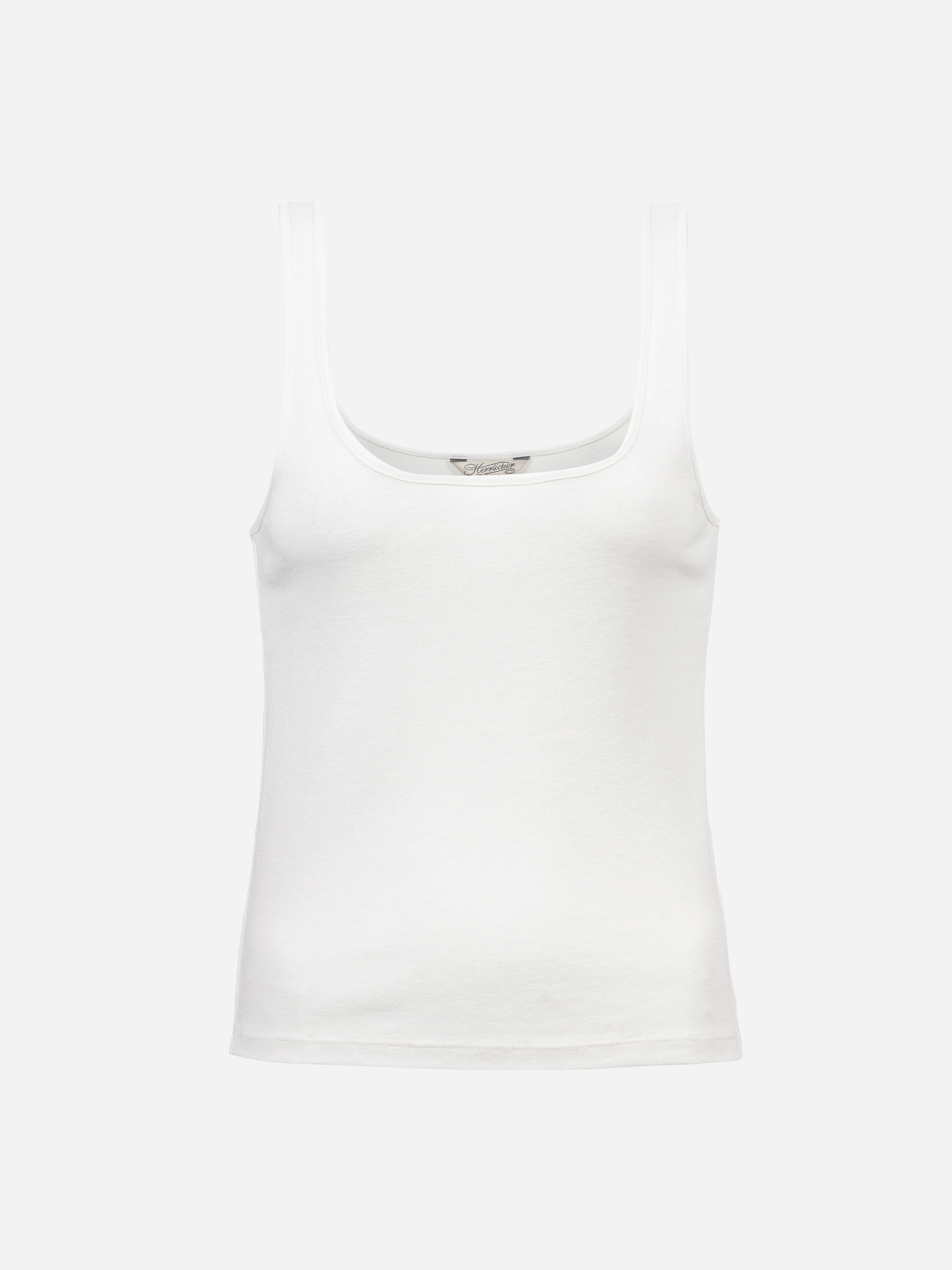 Ein schlichtes weißes, ärmelloses Tank-Top mit Rundhalsausschnitt auf weißem Hintergrund.