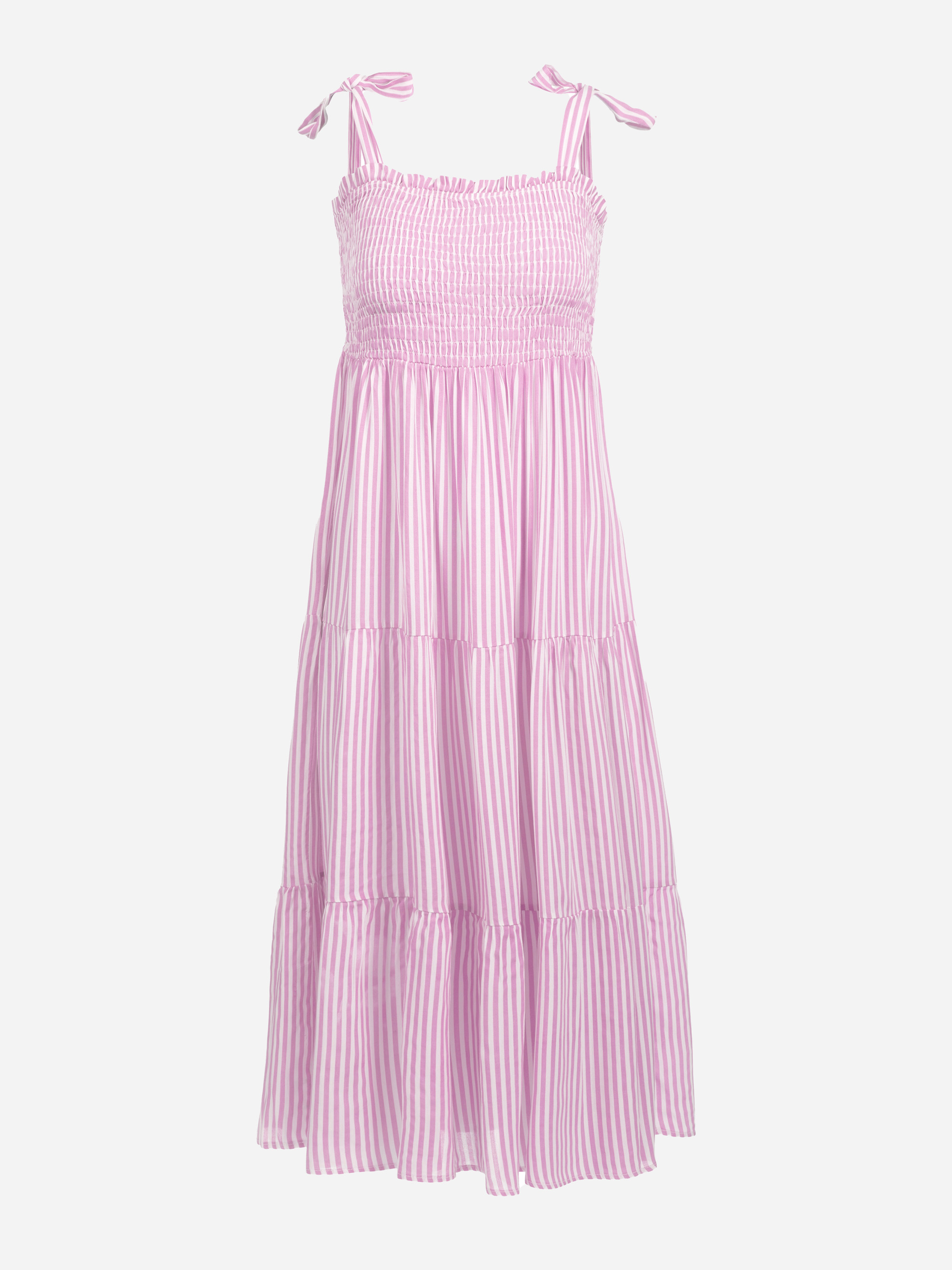 Ärmelloses, knöchellanges Kleid mit rosa und weißen Längsstreifen, gesmoktem Mieder, gestuftem Rock und mit Schleifen gebundenen Schulterträgern.