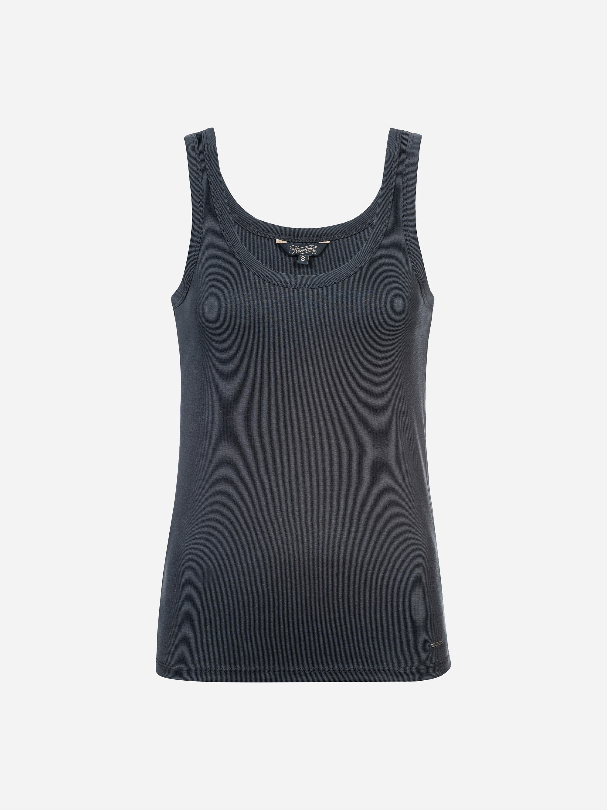 Ein ärmelloses, dunkelgraues, geripptes Tank-Top mit Rundhalsausschnitt, das auf einem einfarbig weißen Hintergrund abgebildet ist.